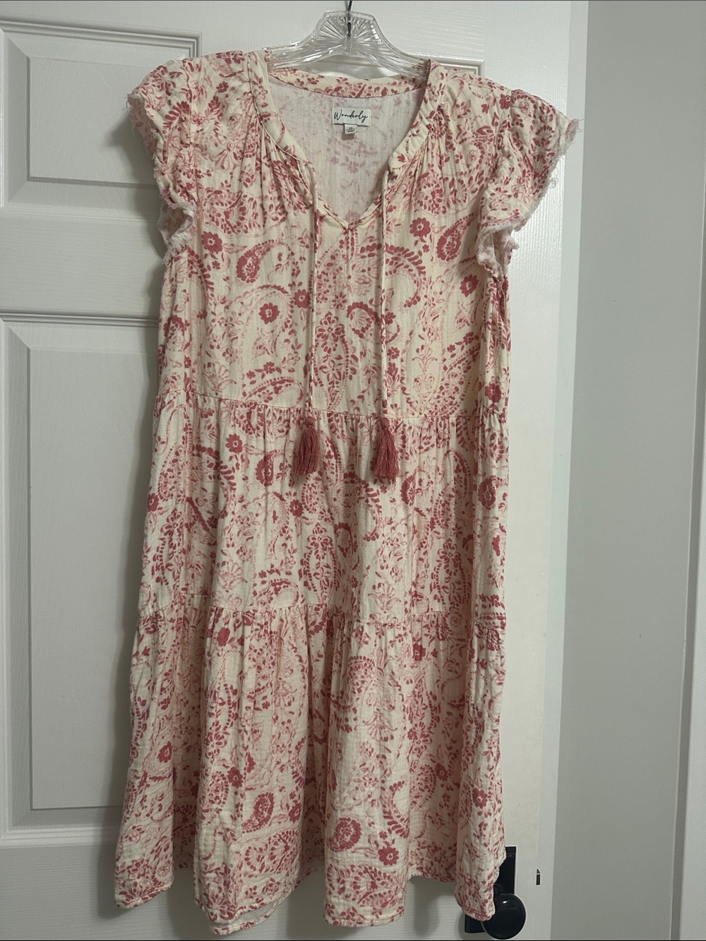Wonderly Cream and Pink Paisley Tiered Mini Dress